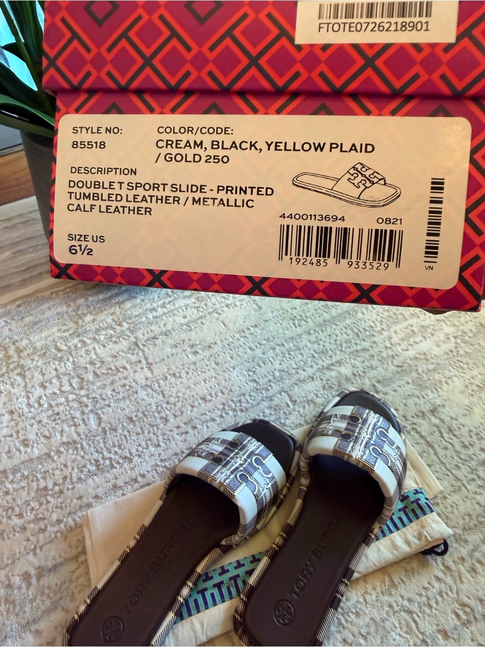 Tory Burch Double T Sport Brown and Cream Plaid Slide Sandals - Picture 6 of 7